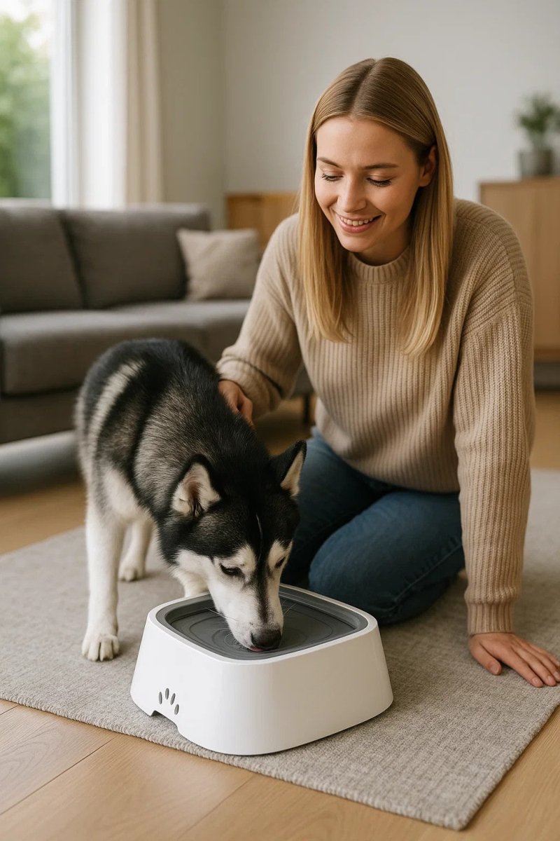 SpillLess Flow – Cuenco de agua anti-salpicaduras con disco flotante (1.5 L) para mascotas