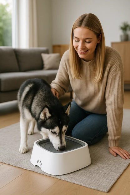 SpillLess Flow – Cuenco de agua anti-salpicaduras con disco flotante (1.5 L) para mascotas