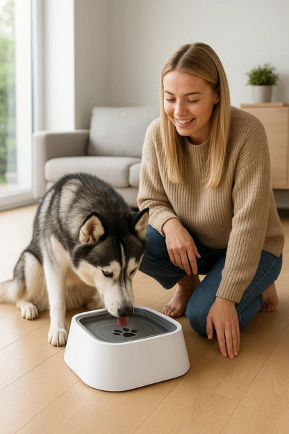 SpillLess Flow – Cuenco de agua anti-salpicaduras con disco flotante (1.5 L) para mascotas