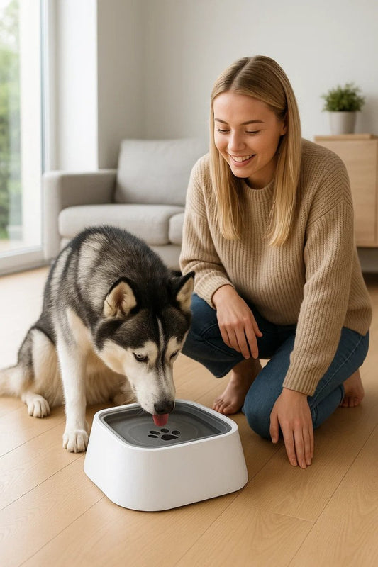 SpillLess Flow – Cuenco de agua anti-salpicaduras con disco flotante (1.5 L) para mascotas