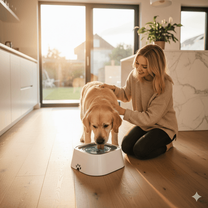 SpillLess Flow – Cuenco de agua anti-salpicaduras con disco flotante (1.5 L) para mascotas