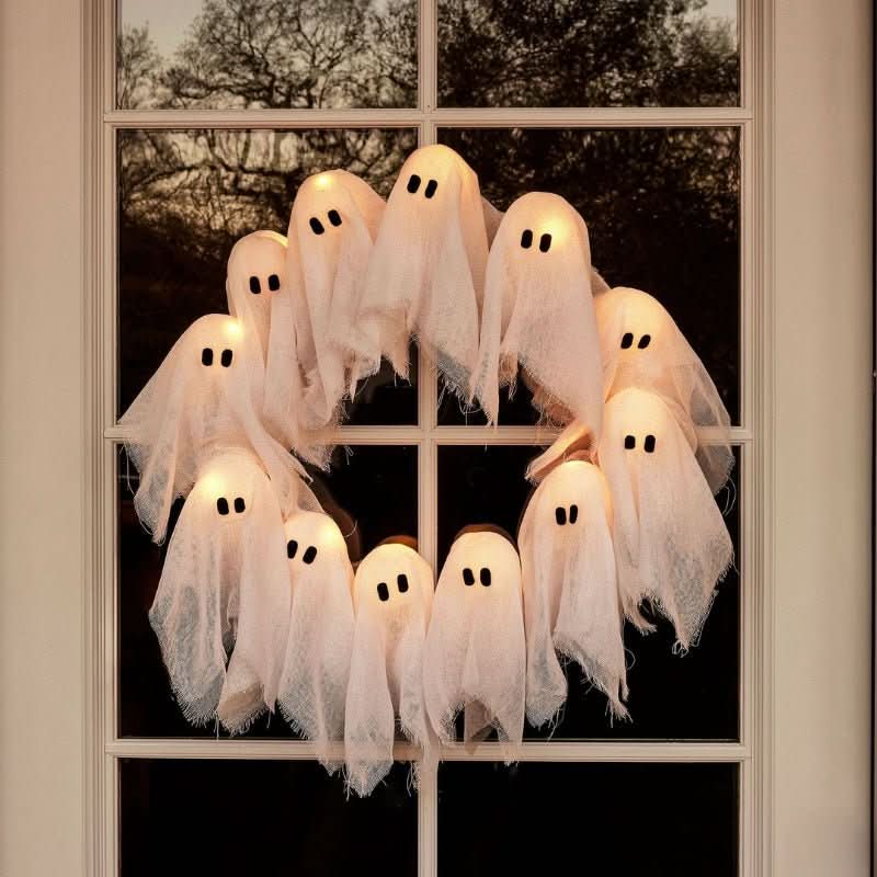 LED Ghost Wreath - 12 Illuminated Spirits for Halloween Decor, Battery-Operated 0