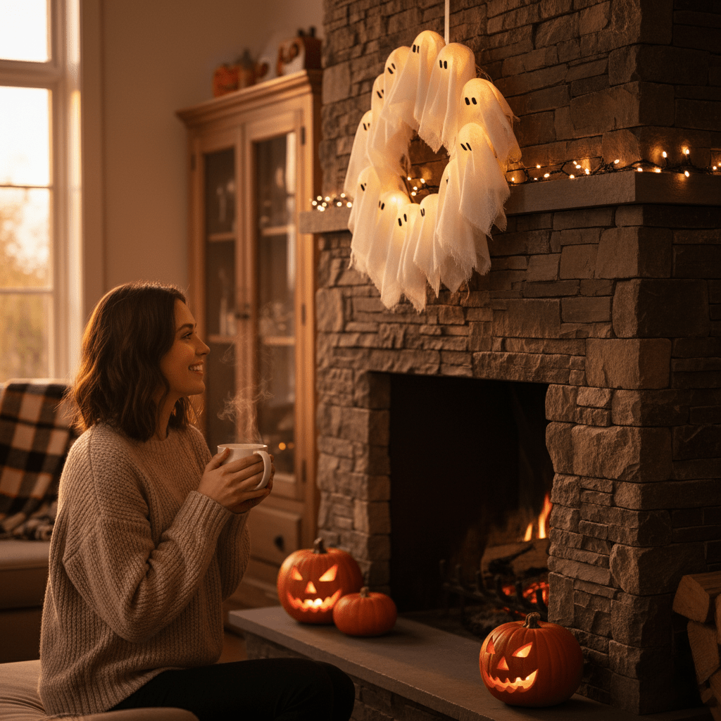 SPOOKGLOW – LED-kummituskranssi, jossa 12 valaistua henkeä