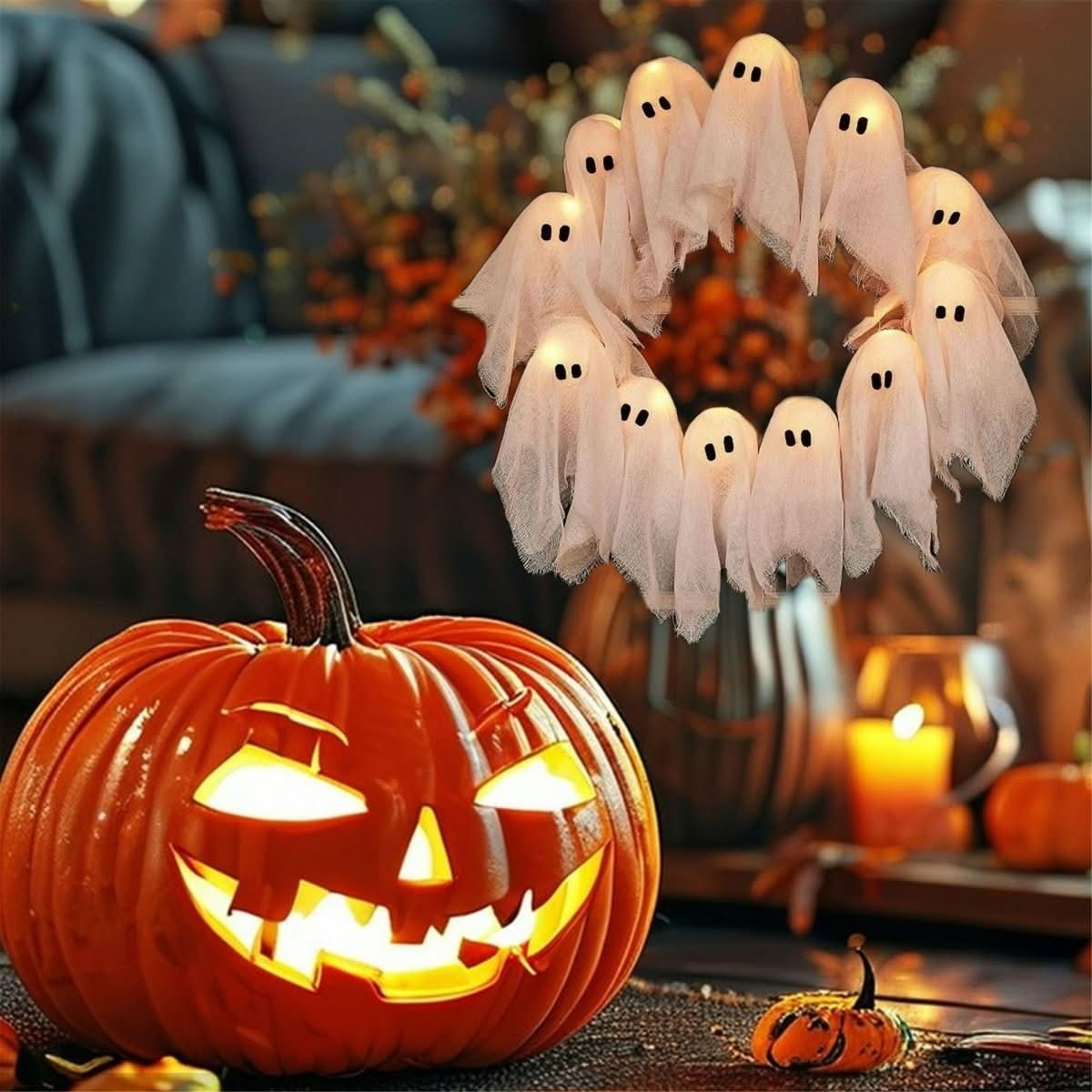 SPOOKGLOW – LED-kummituskranssi, jossa 12 valaistua henkeä