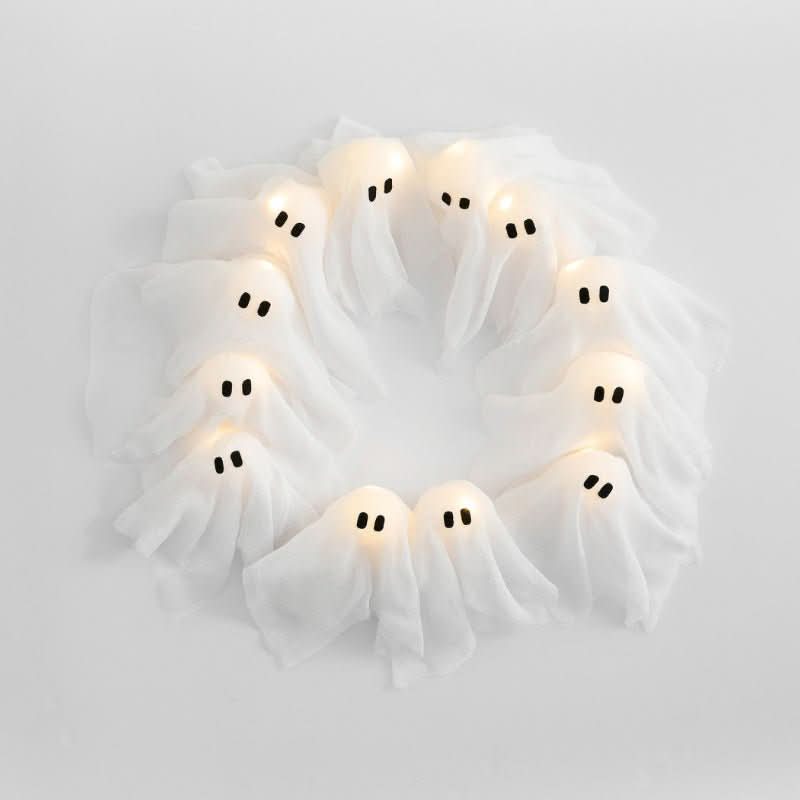 LED Ghost Wreath - 12 Illuminated Spirits for Halloween Decor, Battery-Operated 1
