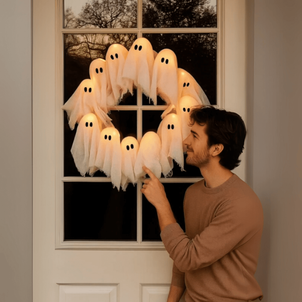 SPOOKGLOW – LED-kummituskranssi, jossa 12 valaistua henkeä