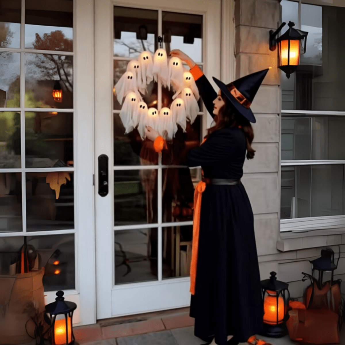 SPOOKGLOW – LED-kummituskranssi, jossa 12 valaistua henkeä