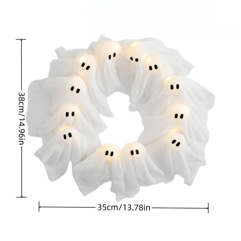 LED Ghost Wreath - 12 Illuminated Spirits for Halloween Decor, Battery-Operated 3