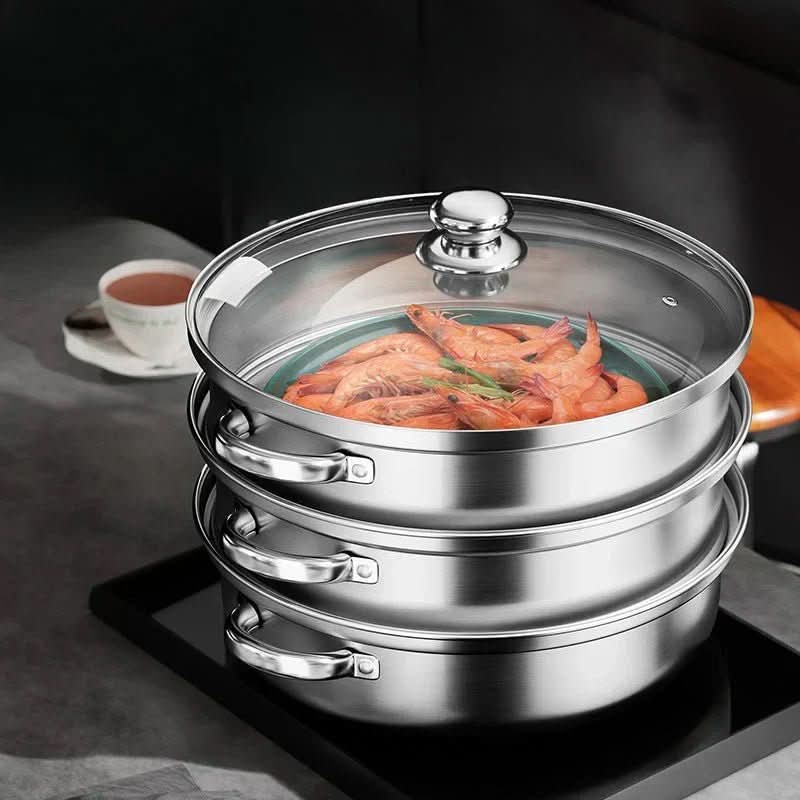STEAMPRO – Cuiseur vapeur en acier inoxydable à 3 niveaux avec couvercle en verre transparent