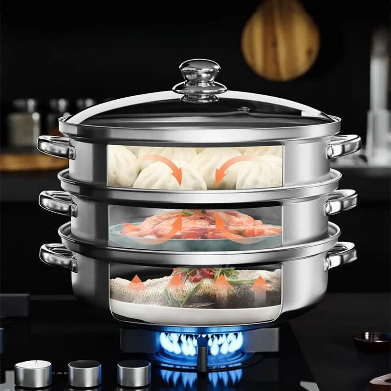 3-Tier Stainless Steel Steamer with Clear Glass Lid & Comfortable Handles 2