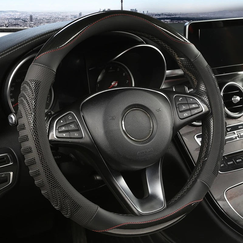 Honeycomb Steering Wheel Cover - Durable Leather with Anti-Slip Grip, Universal Fit 14.5-15 Inches 1