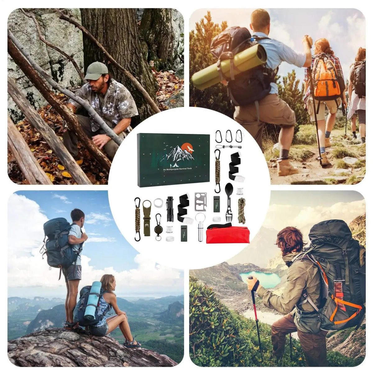 CALENDRIER DE L'AVENT SURVIE – Kit extérieur pour hommes avec 24 outils essentiels 2025