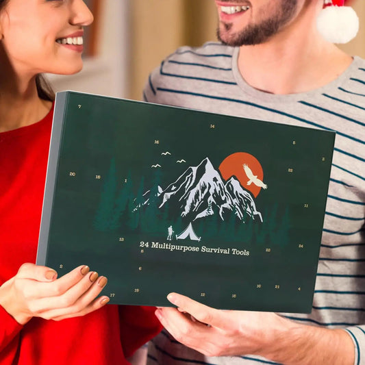 CALENDRIER DE L'AVENT SURVIE – Kit extérieur pour hommes avec 24 outils essentiels 2025