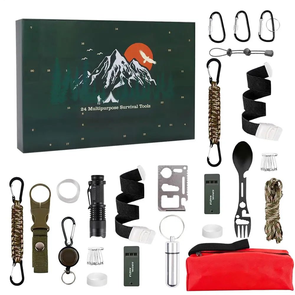 CALENDRIER DE L'AVENT SURVIE – Kit extérieur pour hommes avec 24 outils essentiels 2025