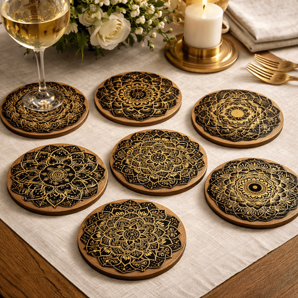 TABLEVA – Elegant Round Wooden Coaster with Mandala Design