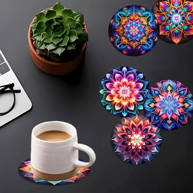 Elegant Round Wooden Coaster Set - Heat Resistant Mandala Design for Home 4