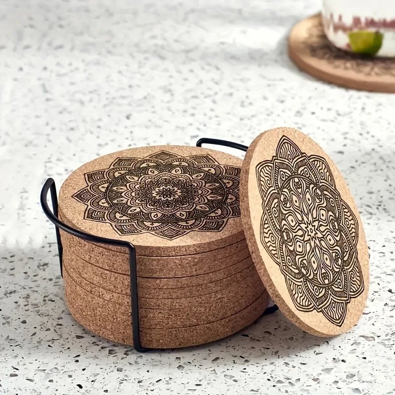 Elegant Round Wooden Coaster Set - Heat Resistant Mandala Design for Home 7