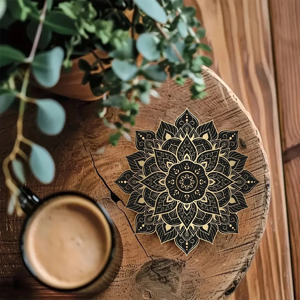 Elegant Round Wooden Coaster Set - Heat Resistant Mandala Design for Home 2