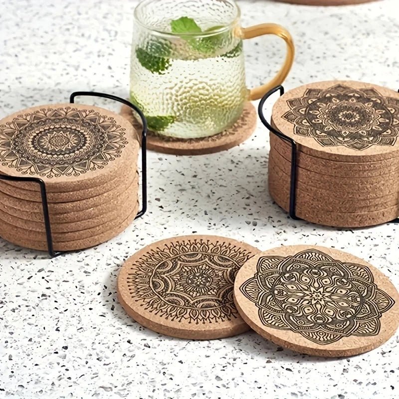 Elegant Round Wooden Coaster Set - Heat Resistant Mandala Design for Home 0