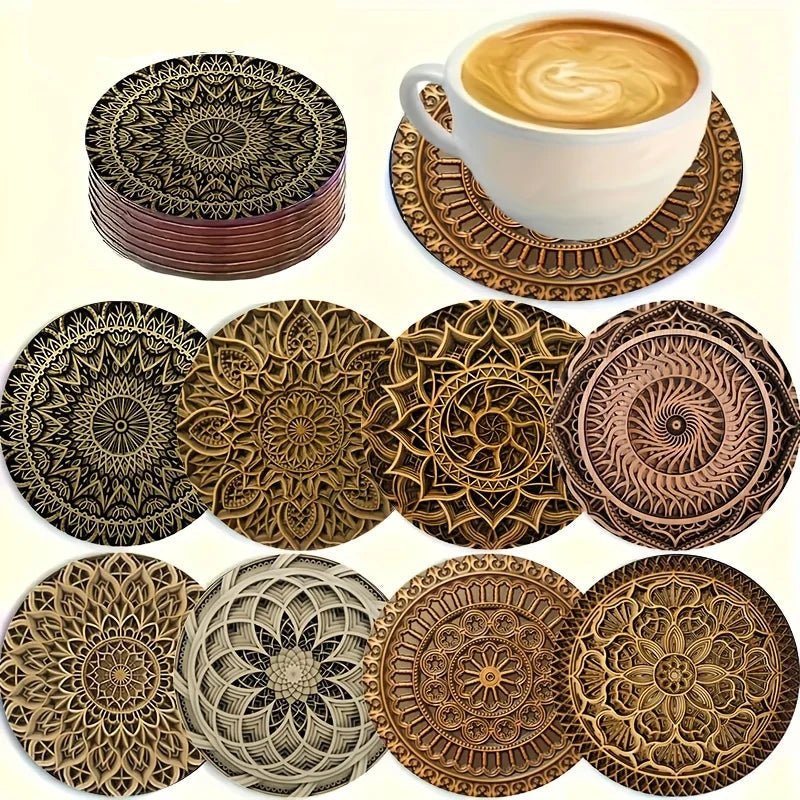 Elegant Round Wooden Coaster Set - Heat Resistant Mandala Design for Home 9