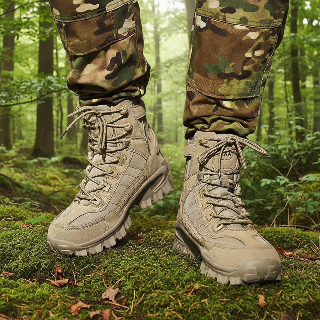 Premium Outdoor - Waterproof Beige Leather Hiking Boots for Men, Anti-Slip Footwear 0