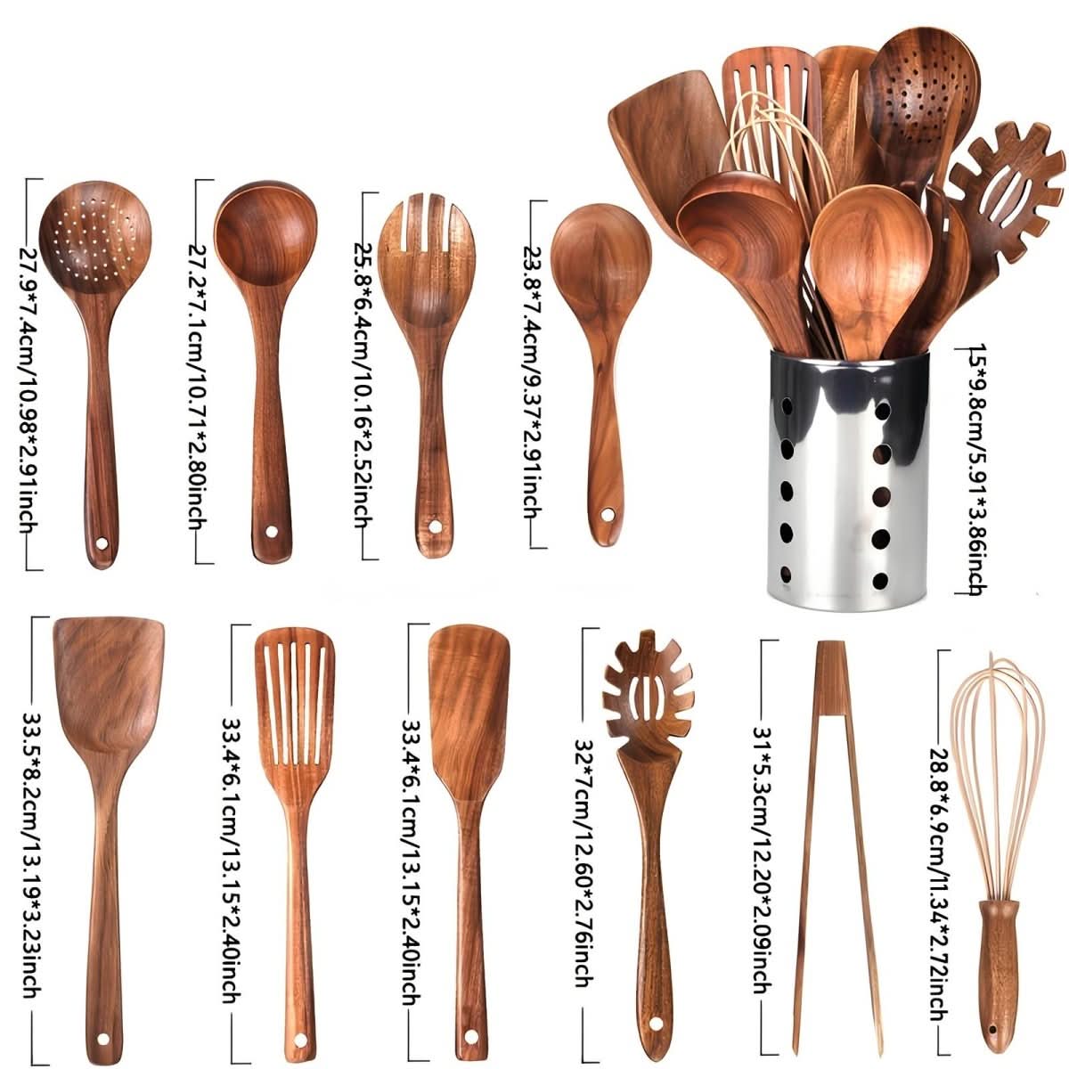 Elegant Teak Wood 11-Piece Kitchen Utensils Set with Holder - Durable Cooking Tools 4