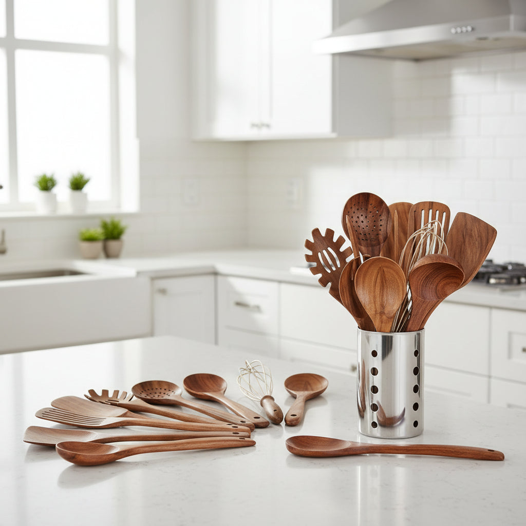 Elegant Teak Wood 11-Piece Kitchen Utensils Set with Holder - Durable Cooking Tools 0