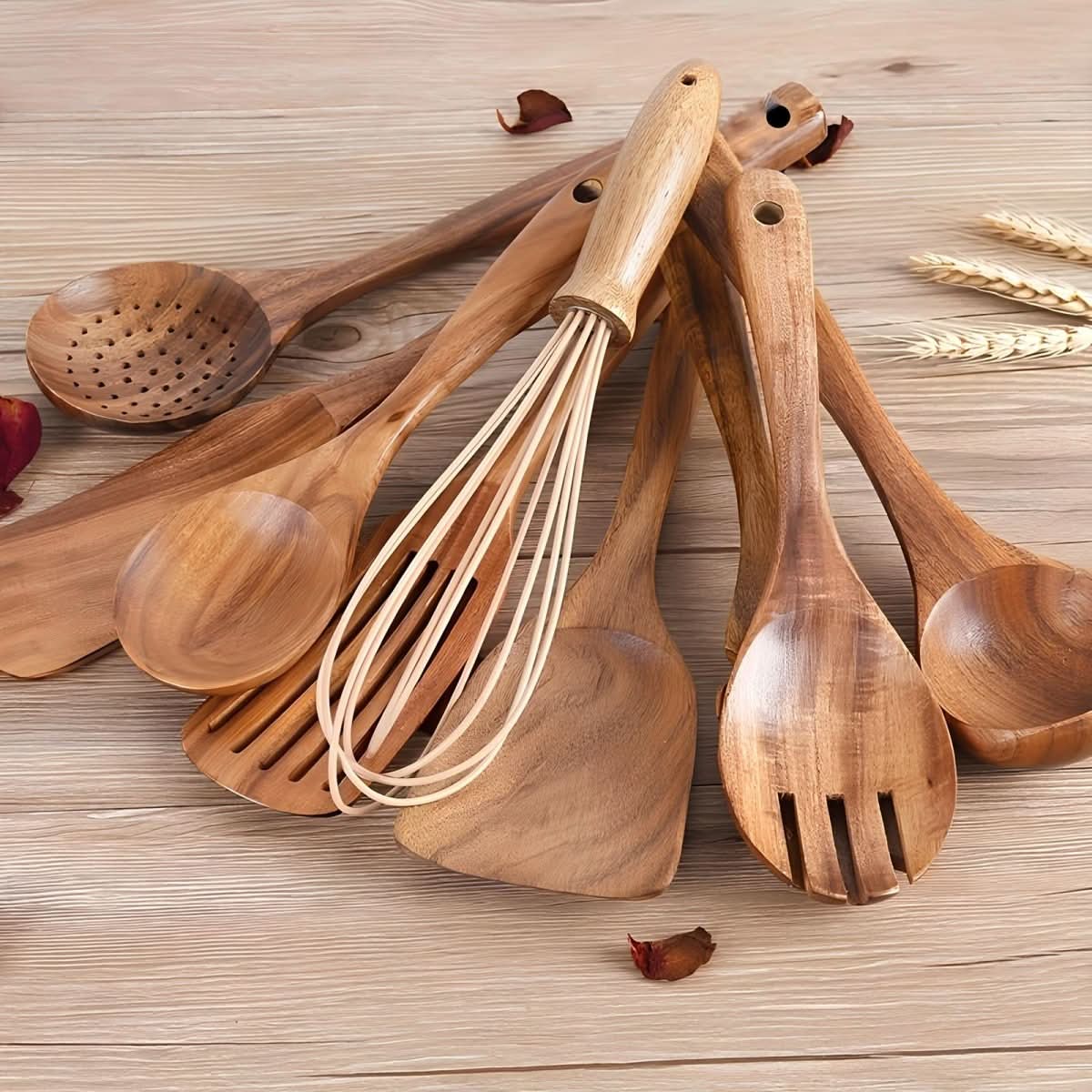Elegant Teak Wood 11-Piece Kitchen Utensils Set with Holder - Durable Cooking Tools 2