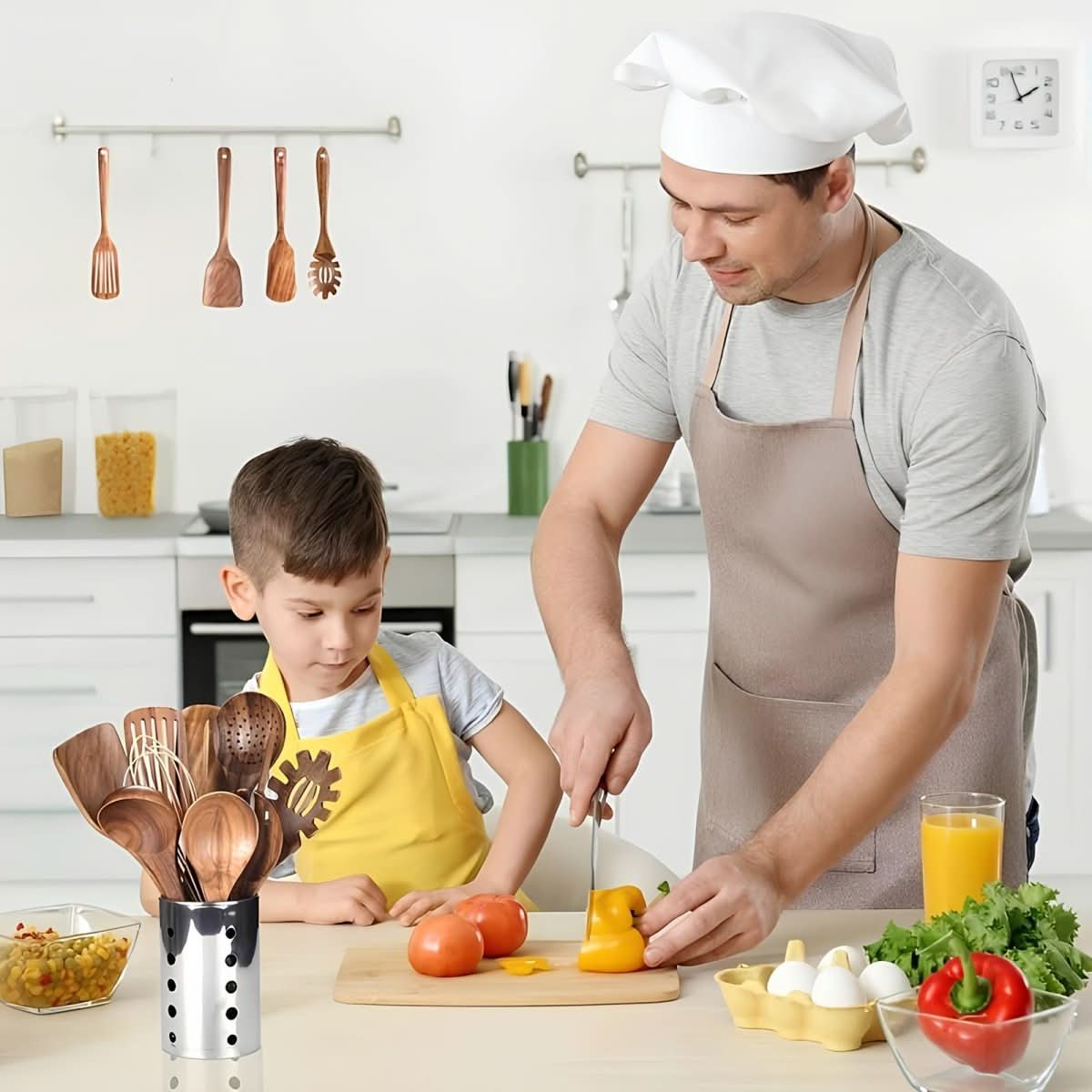 Elegant Teak Wood 11-Piece Kitchen Utensils Set with Holder - Durable Cooking Tools 1