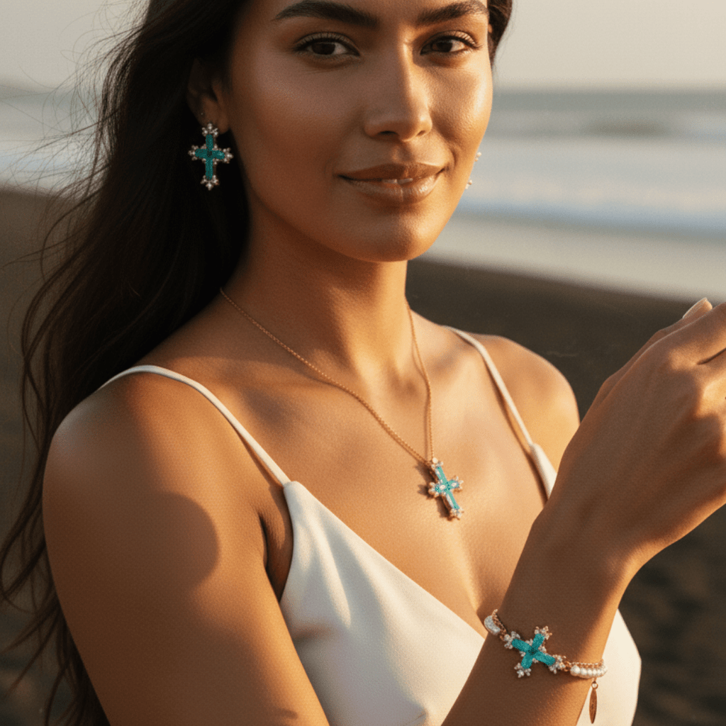 Mediterrane Getij Kruis Goud Zilver Sieradenset