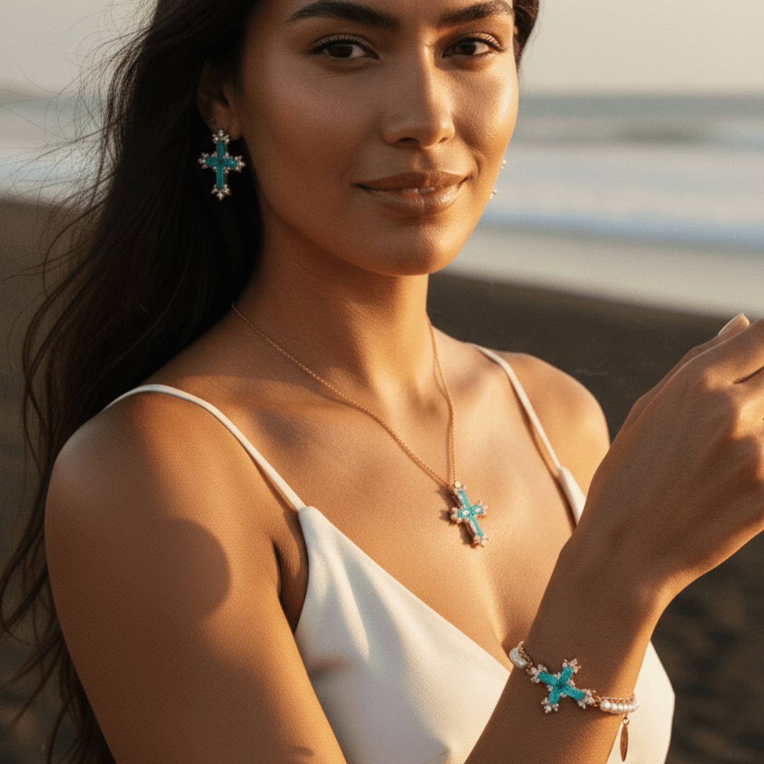 Conjunto de joyería cruzada de marea mediterránea en oro y plata