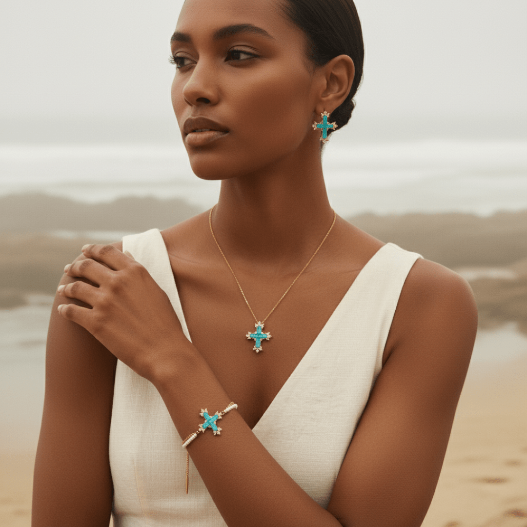 Conjunto de joyería cruzada de marea mediterránea en oro y plata