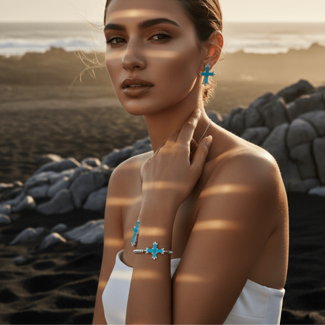 Conjunto de joyería cruzada de marea mediterránea en oro y plata