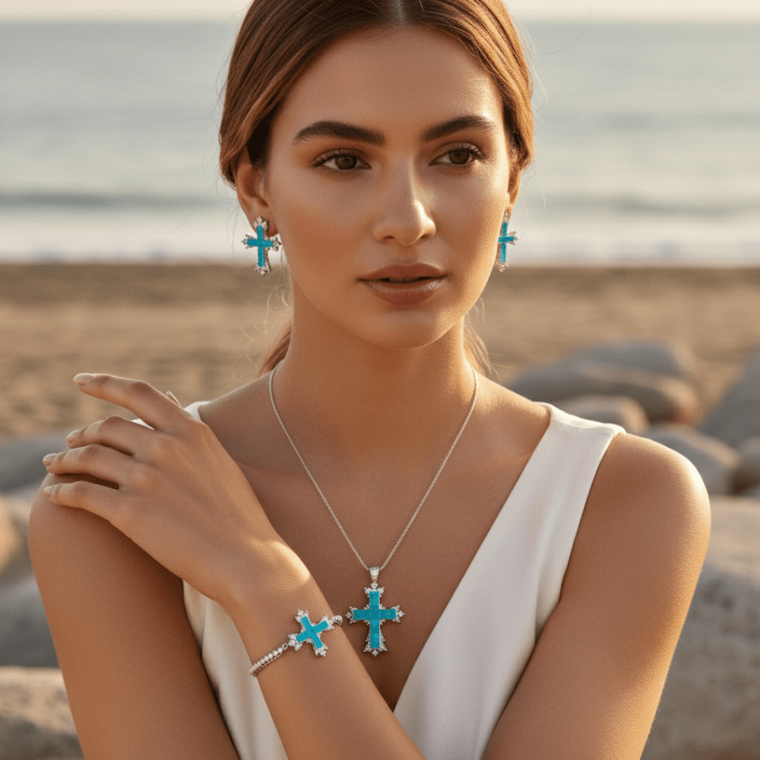 Conjunto de joyería cruzada de marea mediterránea en oro y plata