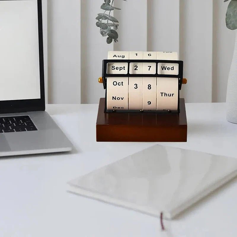 SPINDATE – Mid-Century Rotating Wooden Perpetual Desk Calendar Elegant Office Decor 2
