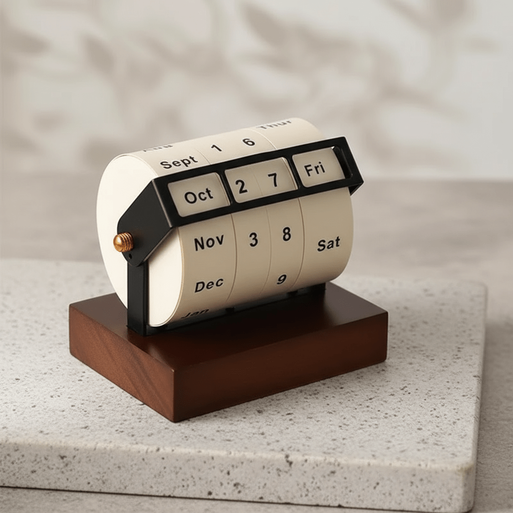 SPINDATE – Mid-Century Rotating Wooden Perpetual Desk Calendar Elegant Office Decor 4