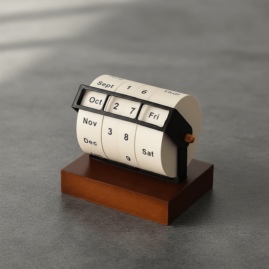 SPINDATE – Mid-Century Rotating Wooden Perpetual Desk Calendar Elegant Office Decor 3