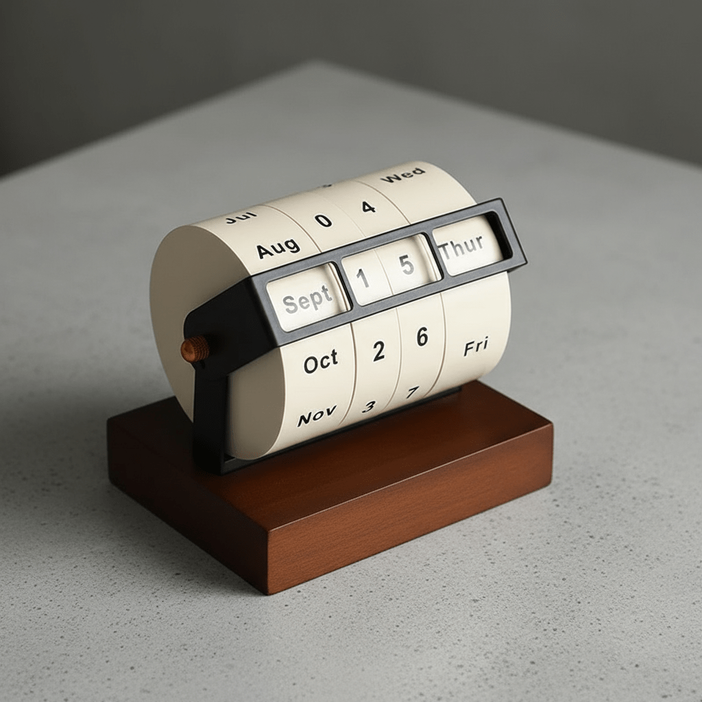 SPINDATE – Mid-Century Rotating Wooden Perpetual Desk Calendar Elegant Office Decor 5