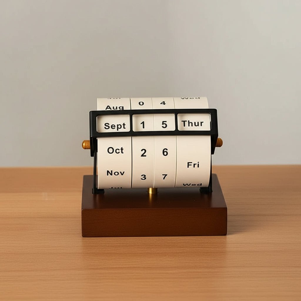 SPINDATE – Mid-Century Rotating Wooden Perpetual Desk Calendar Elegant Office Decor 0