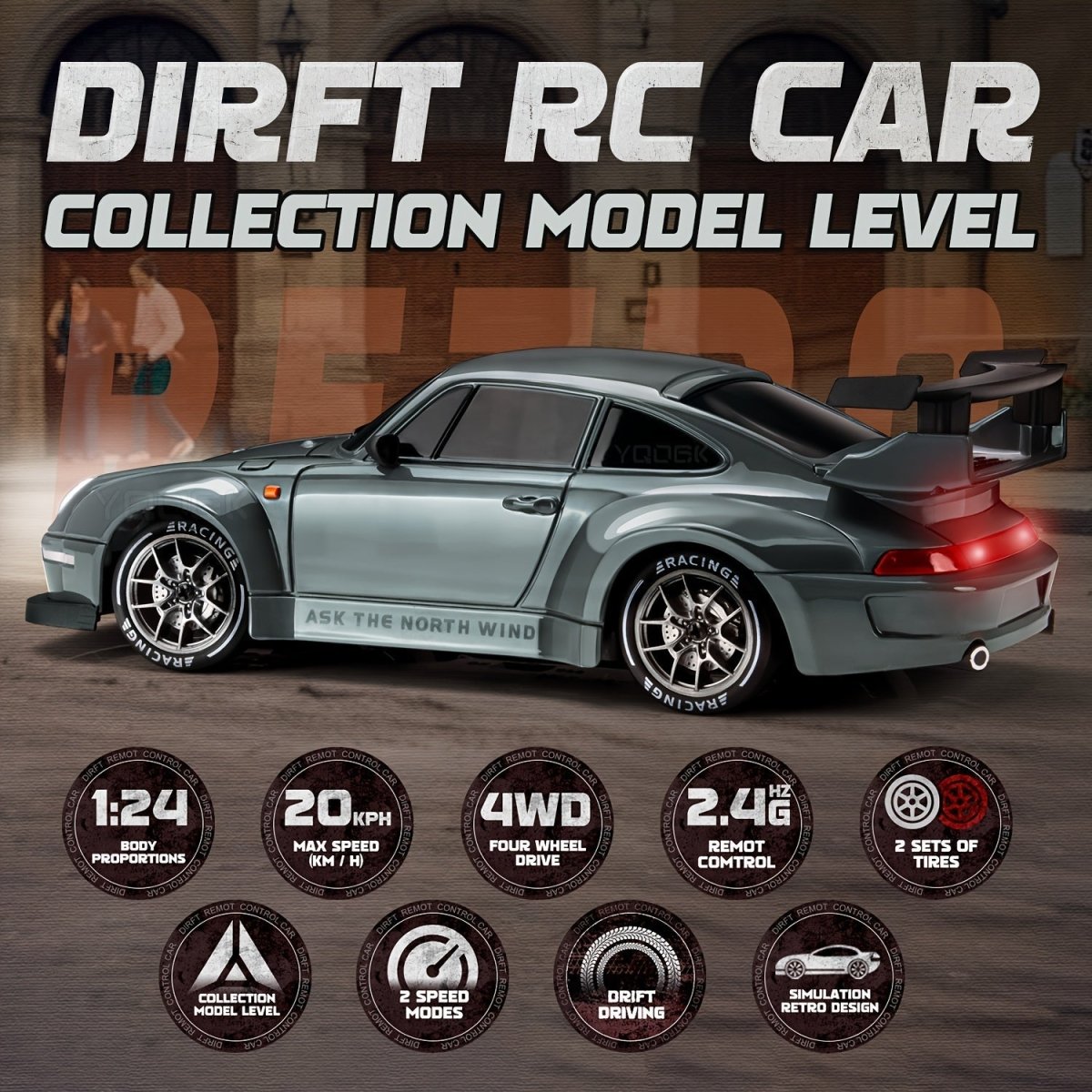 ULTIMATE DRIFT RACER - Coche RC a escala 1:24 con ruedas LED y acción 4x4