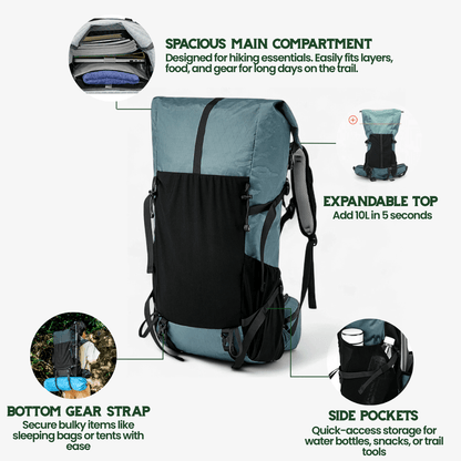 ULTREA 50L – Ultralight Expandable Adventure Backpack for Hiking & Travel