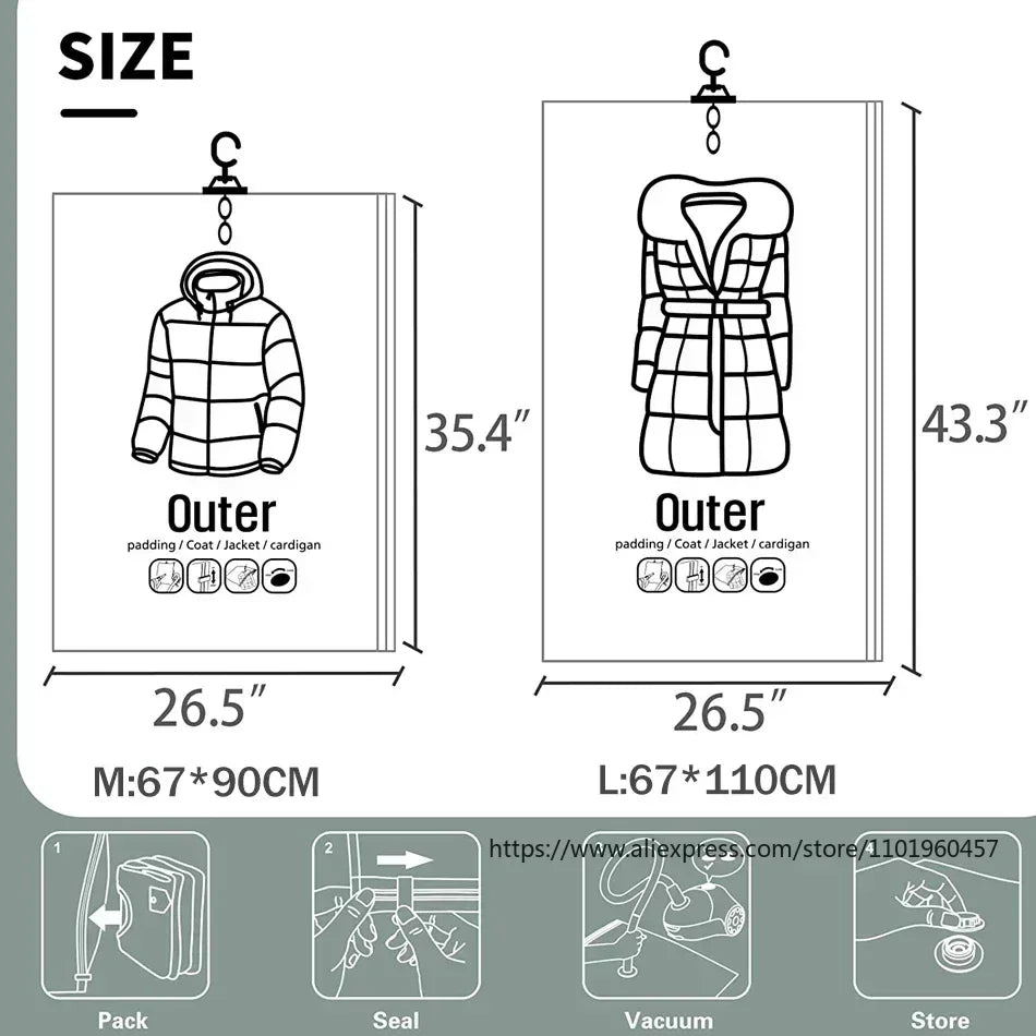 Sacos de Armazenamento a Vácuo – Organizador de Roupas que Poupa Espaço – Proteção contra Pó e Humidade – Solução Reutilizável para o Guarda-Roupa