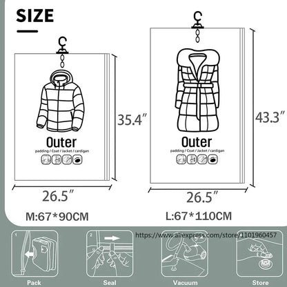 Sacos de Armazenamento a Vácuo – Organizador de Roupas que Poupa Espaço – Proteção contra Pó e Humidade – Solução Reutilizável para o Guarda-Roupa