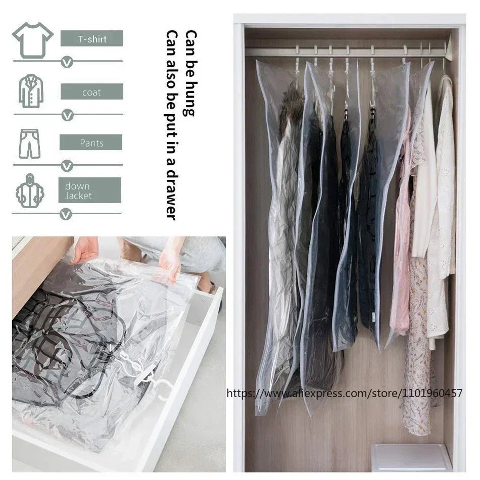 Sacos de Armazenamento a Vácuo – Organizador de Roupas que Poupa Espaço – Proteção contra Pó e Humidade – Solução Reutilizável para o Guarda-Roupa
