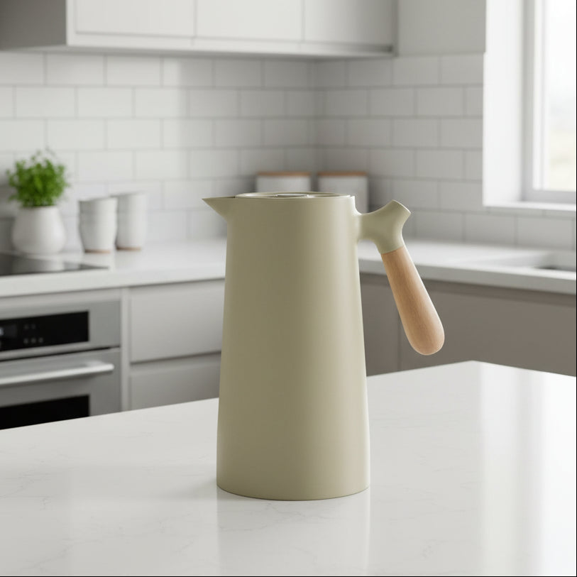 VetroLux – Tyylikäs kaksiseinäinen lasikarahvi puisella kahvalla kuumille ja kylmille juomille