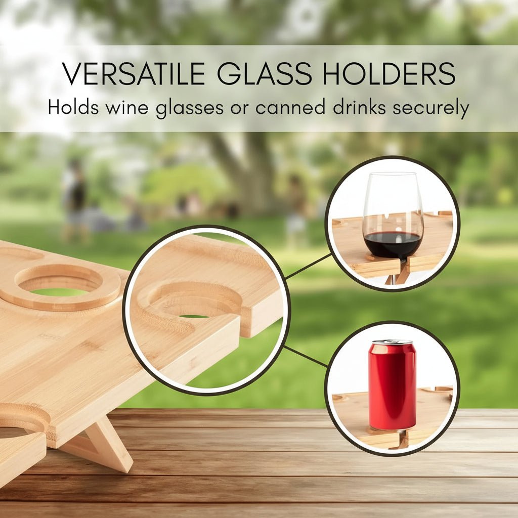 Elegant Folding Wine Picnic Table with Glass Holders - Portable Outdoor Dining 2