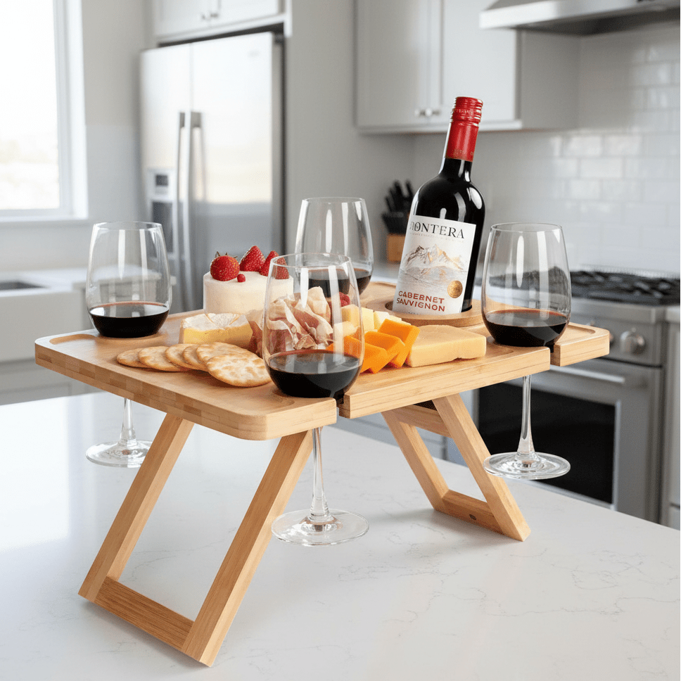 Elegant Folding Wine Picnic Table with Glass Holders - Portable Outdoor Dining 0