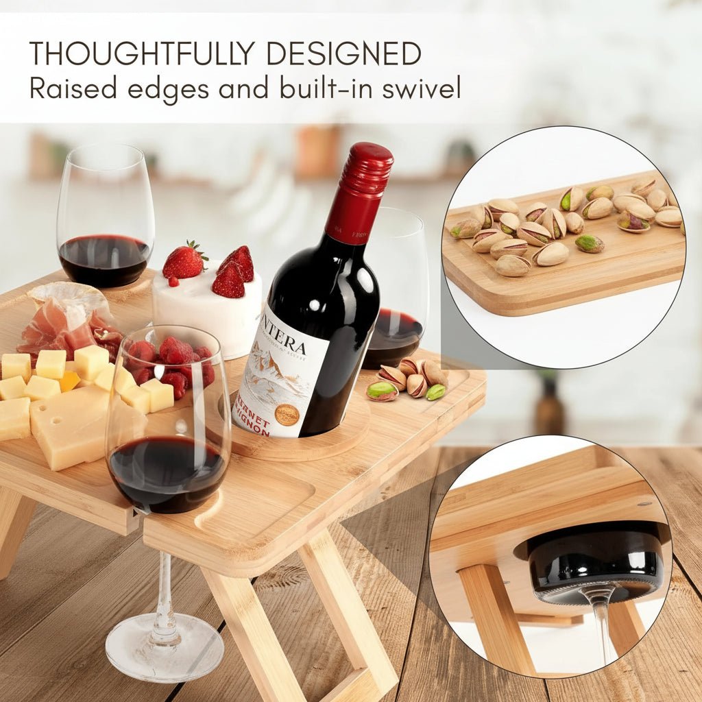 Elegant Folding Wine Picnic Table with Glass Holders - Portable Outdoor Dining 4