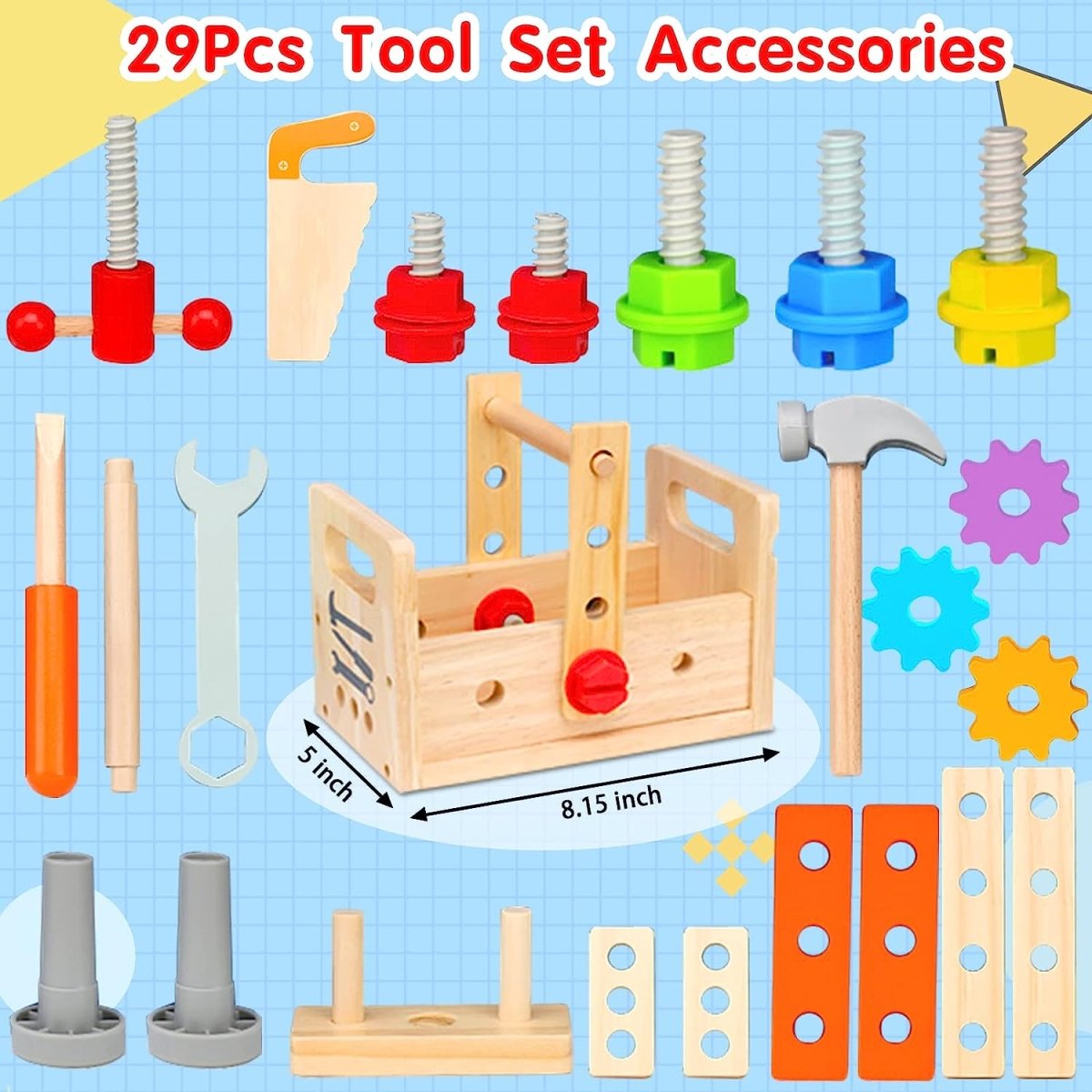 Woodcraft Kids Toolbox - Ensemble de 29 pièces en bois pour le jeu créatif et le développement des compétences