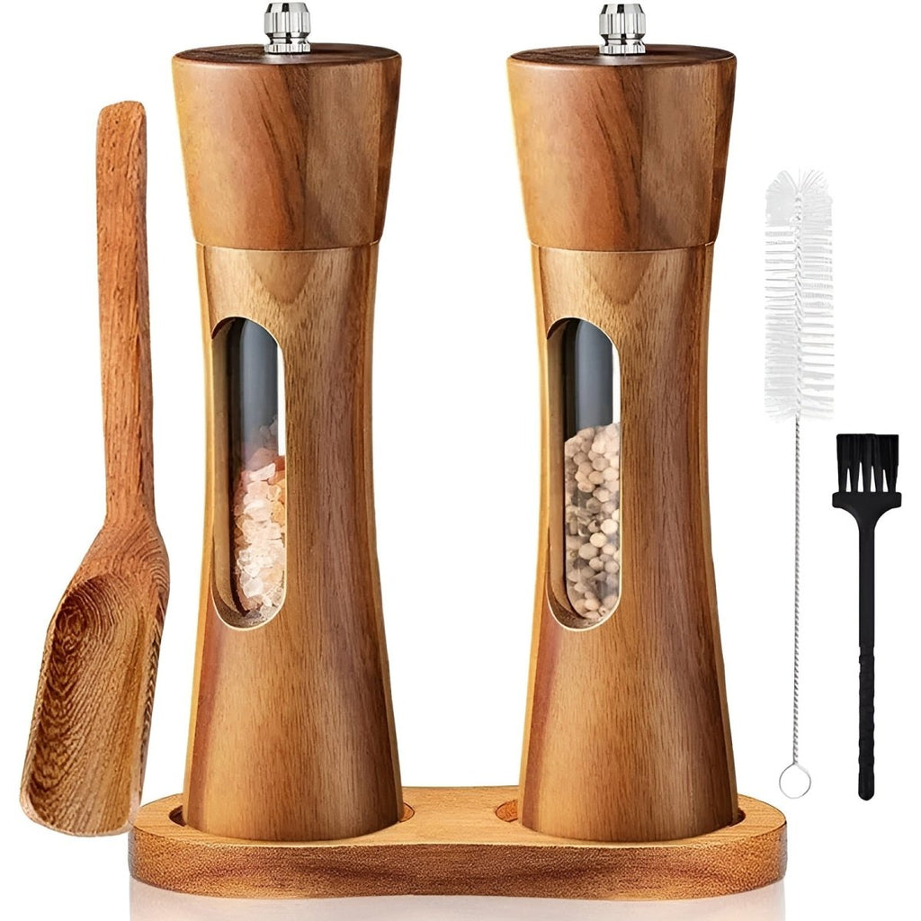 Elegant Wooden Salt and Pepper Mills Set - Adjustable Grinder with Acrylic Window 7